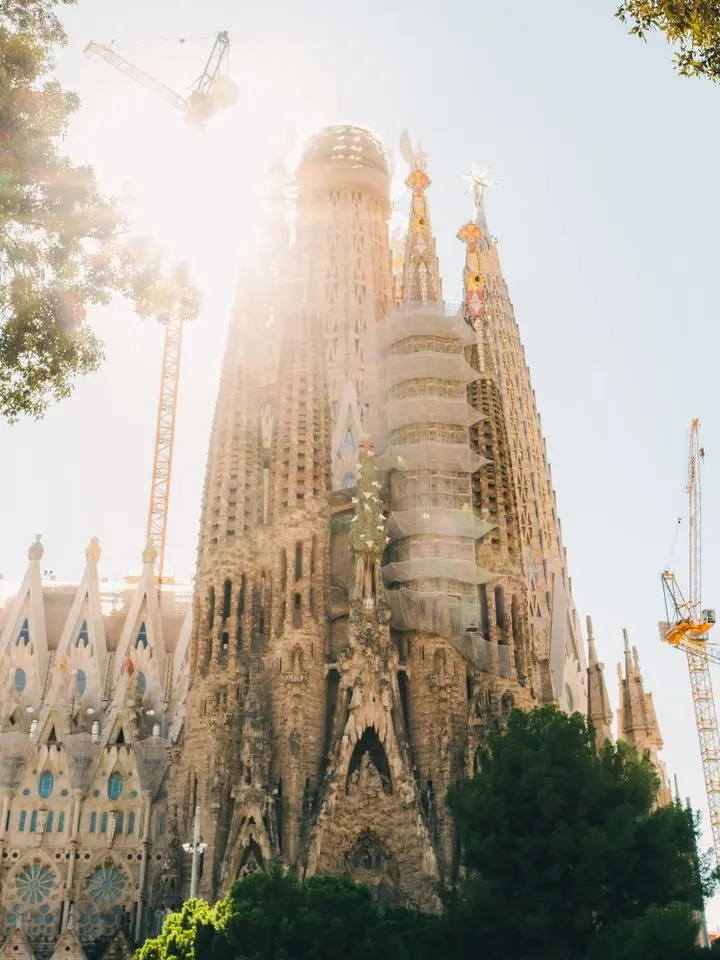 Exterior of the Sagrada Família in Barcelona in evening sunlight