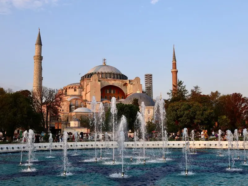 Hagia Sophia and its fountain at sunset in Istanbul